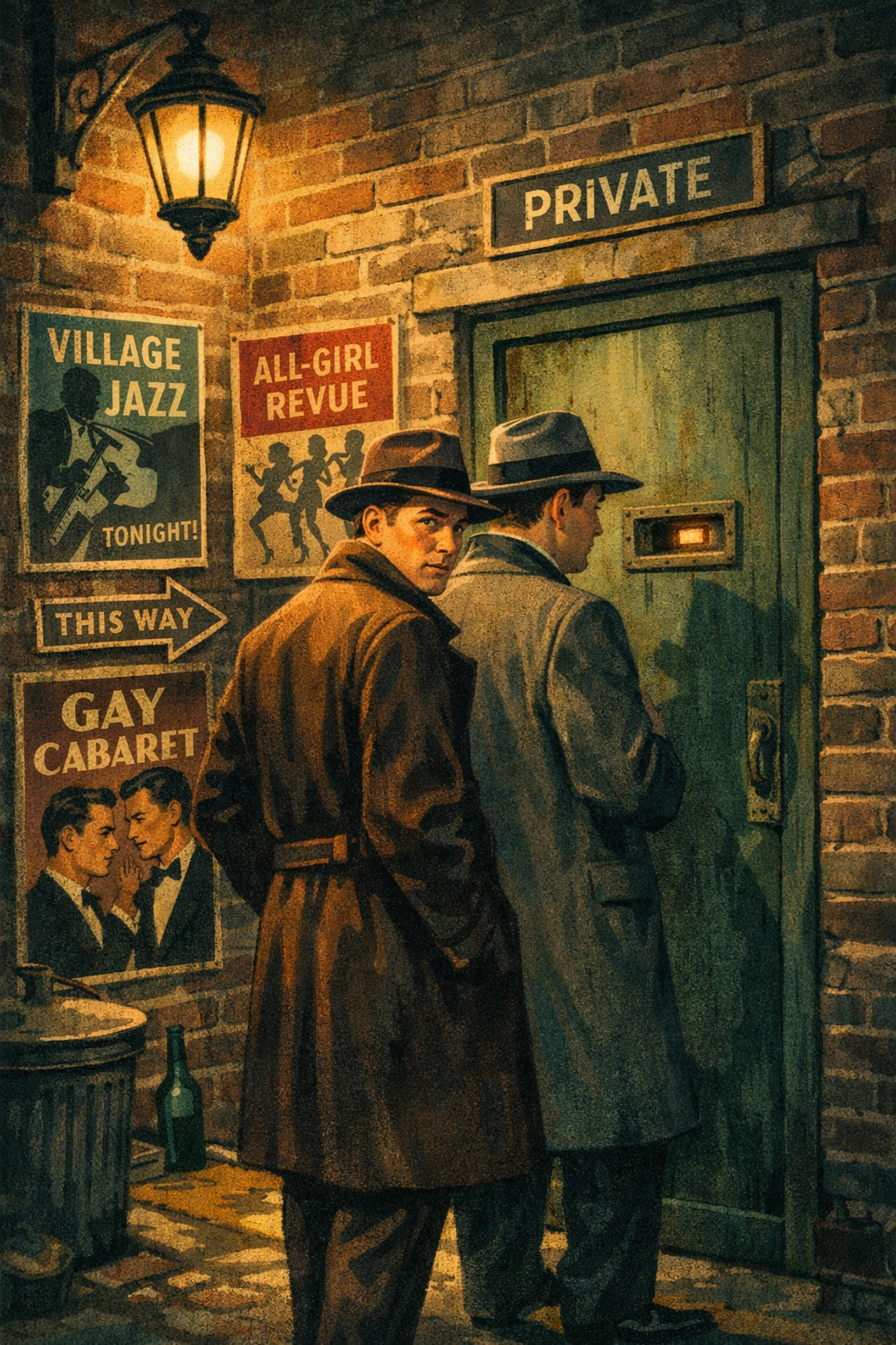 Secret gay speakeasy entrance in Greenwich Village with cautious men in 1950s