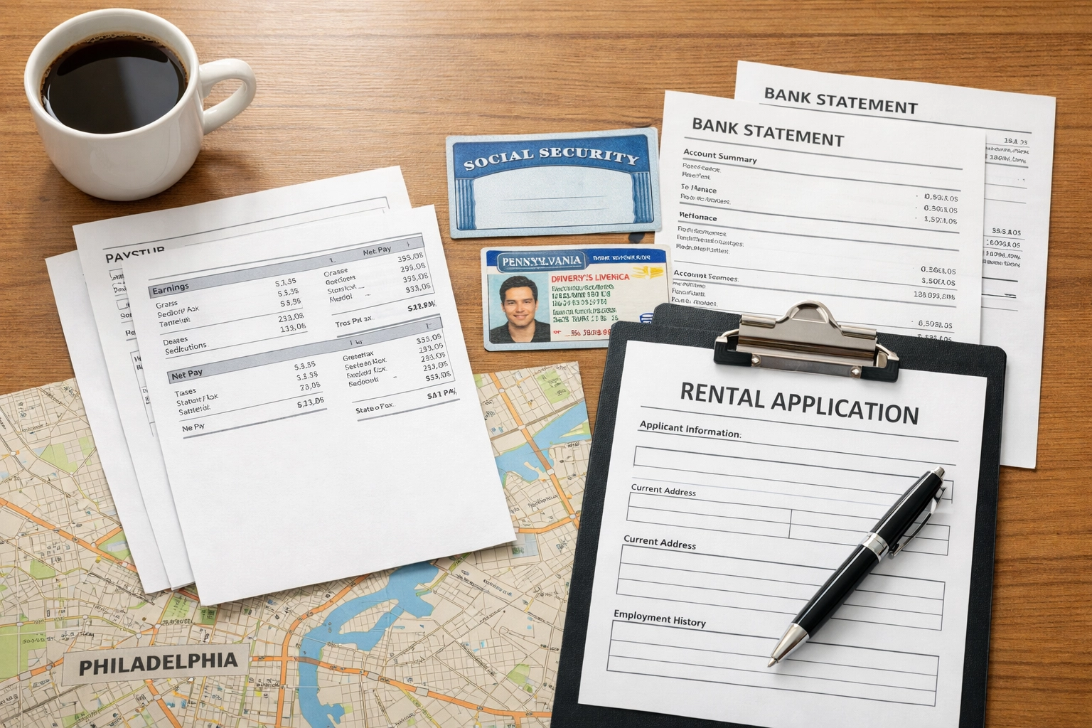 Essential rental application documents including paystubs, ID, and bank statements organized on desk