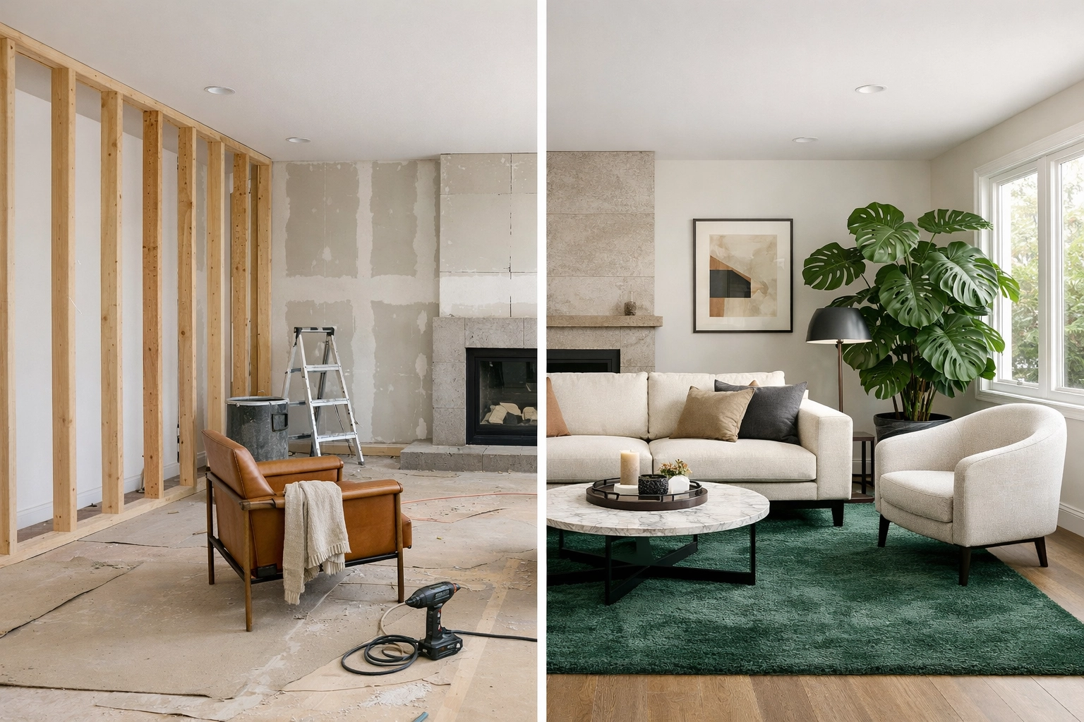 Split view of a home renovation transformation funded by a fast fix and flip hard money loan.