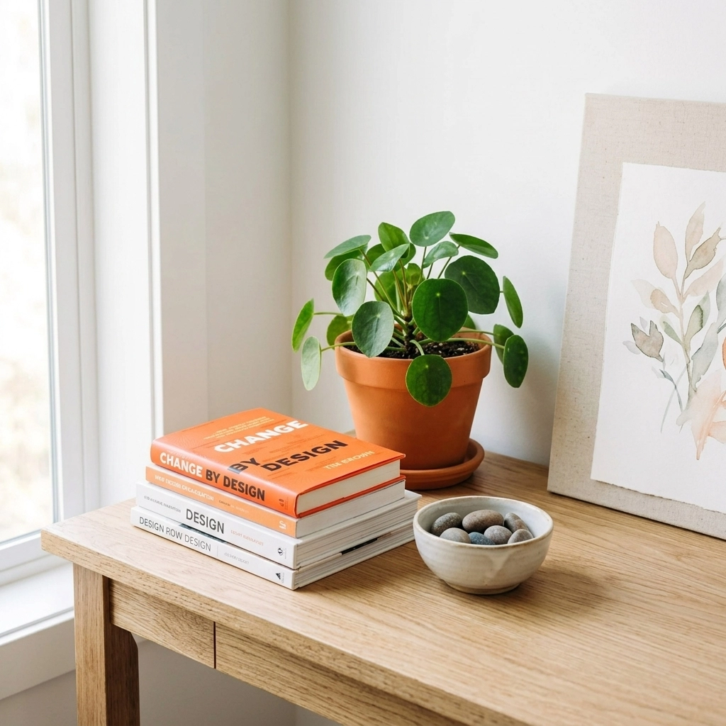A minimalist home studio space with soft, organic light, a stack of books, and a single green plant.
