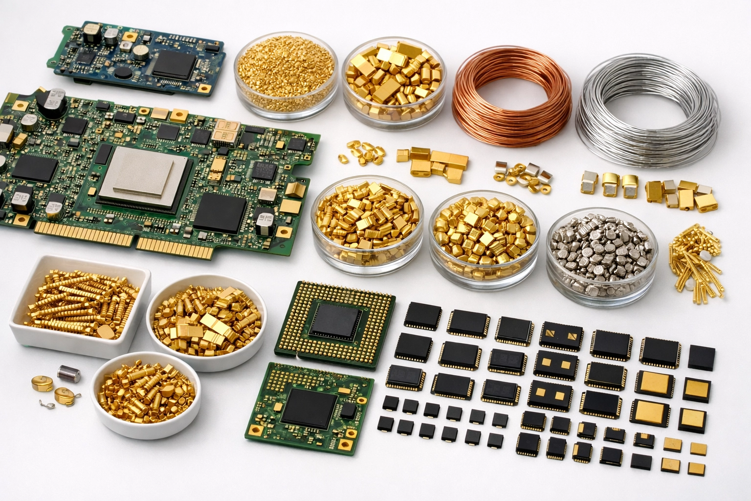 Recycled electronic components showing valuable materials like circuit boards and copper from e-waste