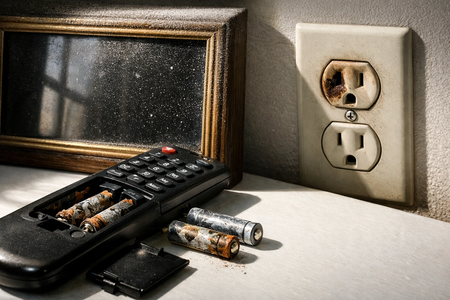 Hotel room maintenance issues including dead remote batteries and damaged electrical outlet