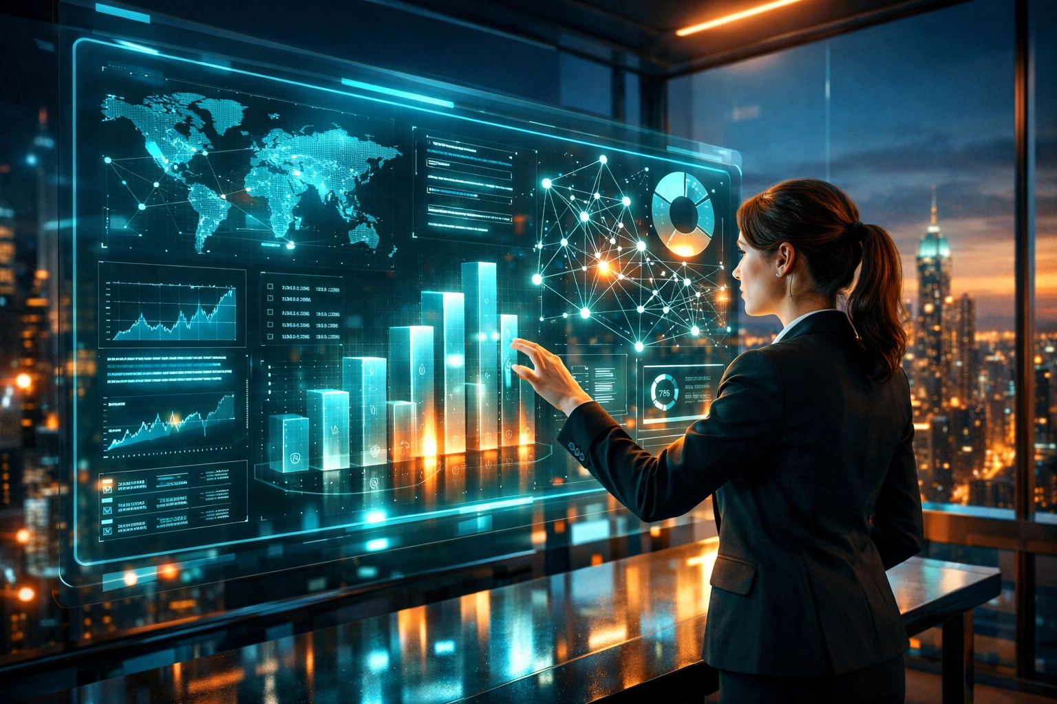 KI-Managerin koordiniert strategische KI-Manager Aufgaben an einem modernen digitalen Workspace.