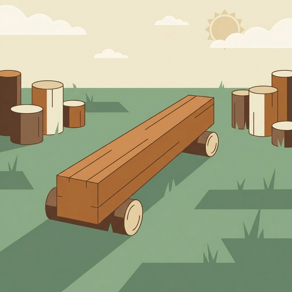 Minimal illustration of a wooden balance beam log and tree stumps on grass, showing a key obstacle in a farm-themed outdoor course.
