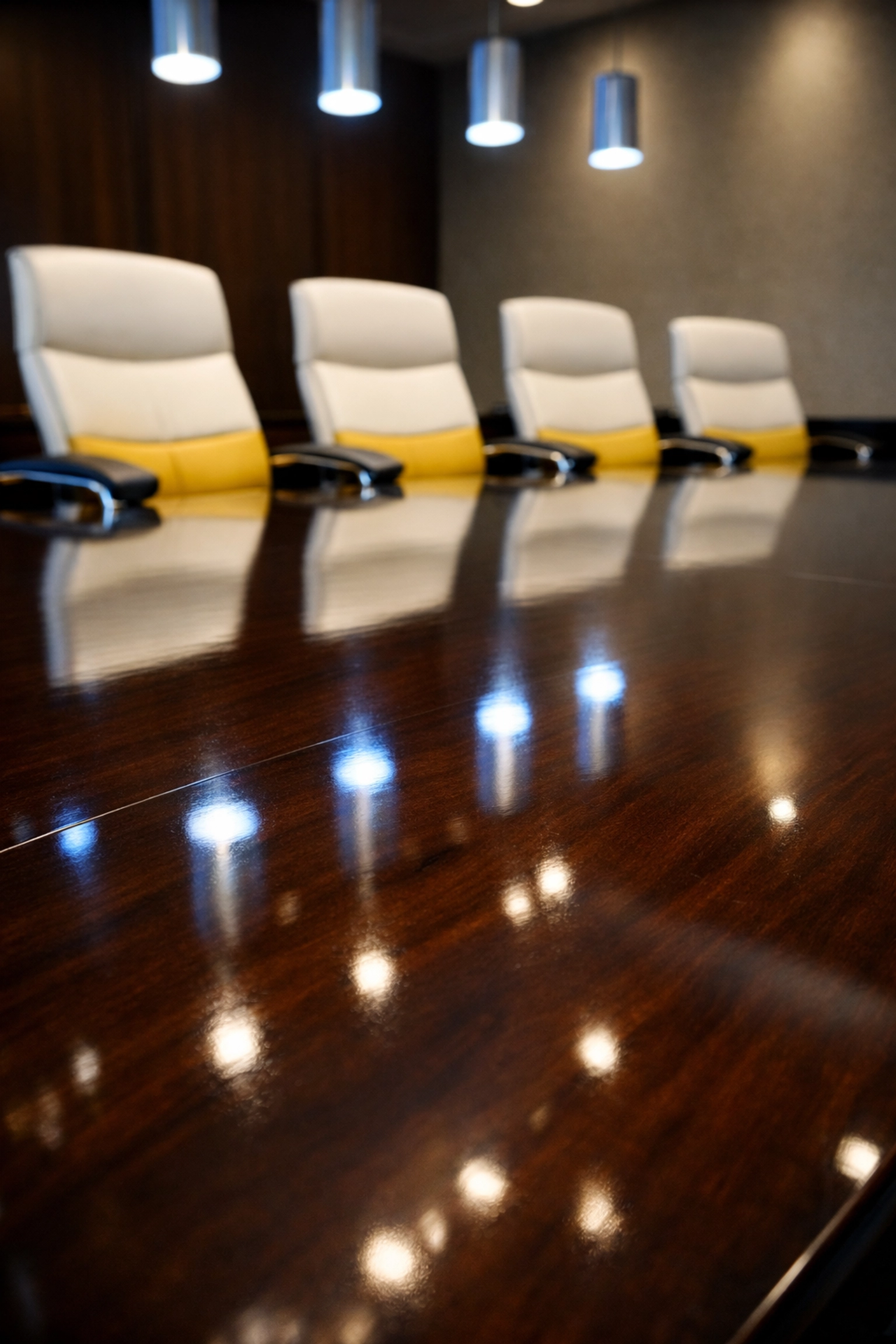 Dust-free professional conference room with a polished wood table reflecting high cleaning standards.