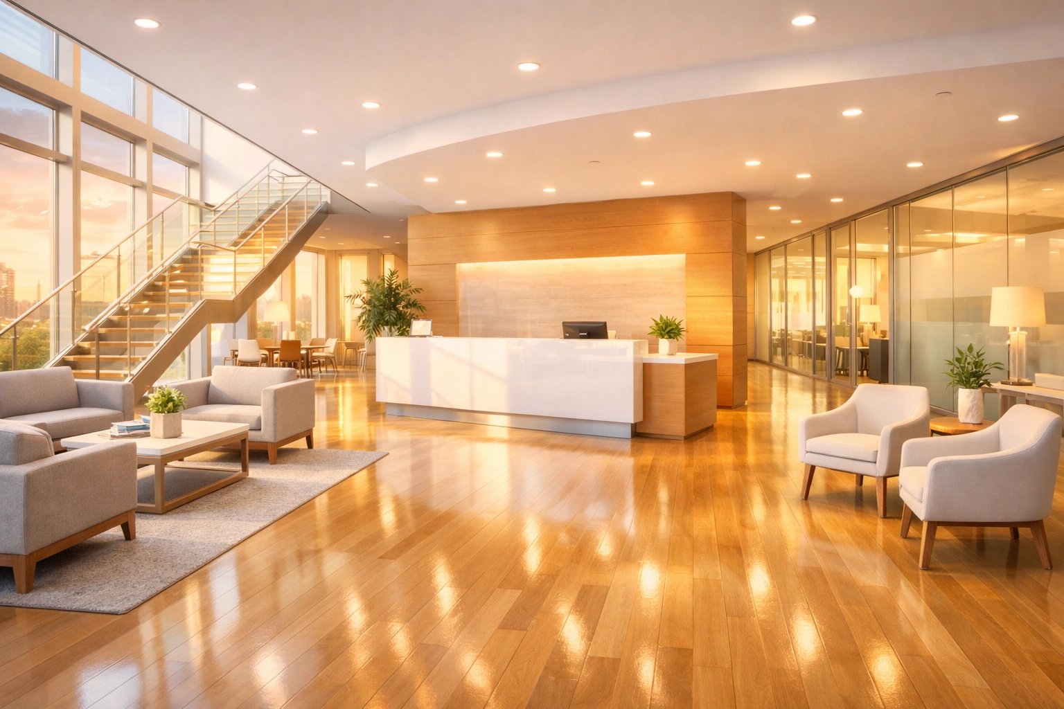 A spotless, modern office lobby in Cedar Falls showing the results of professional commercial cleaning services.
