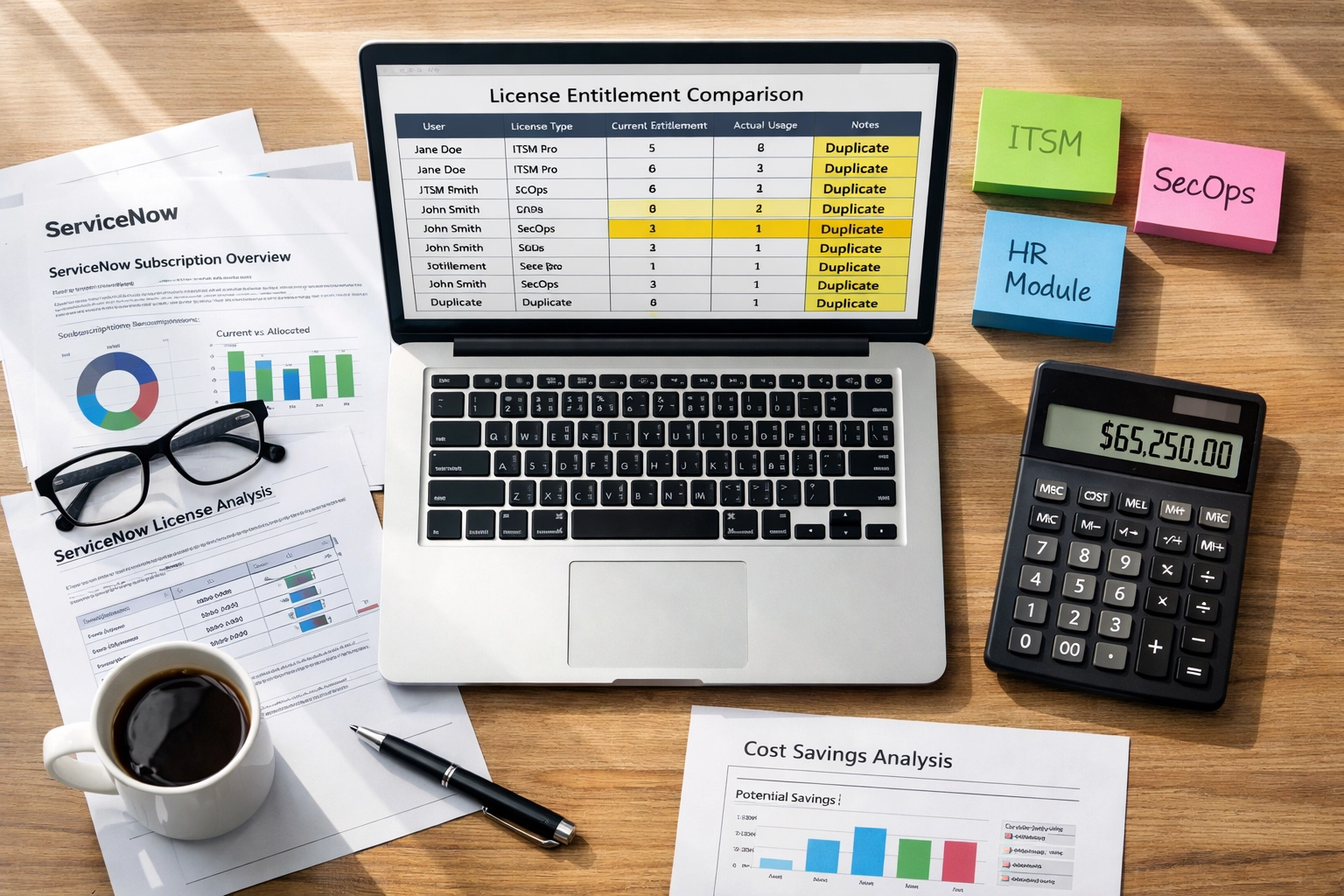 ServiceNow license entitlement comparison revealing duplicate ITAM subscriptions