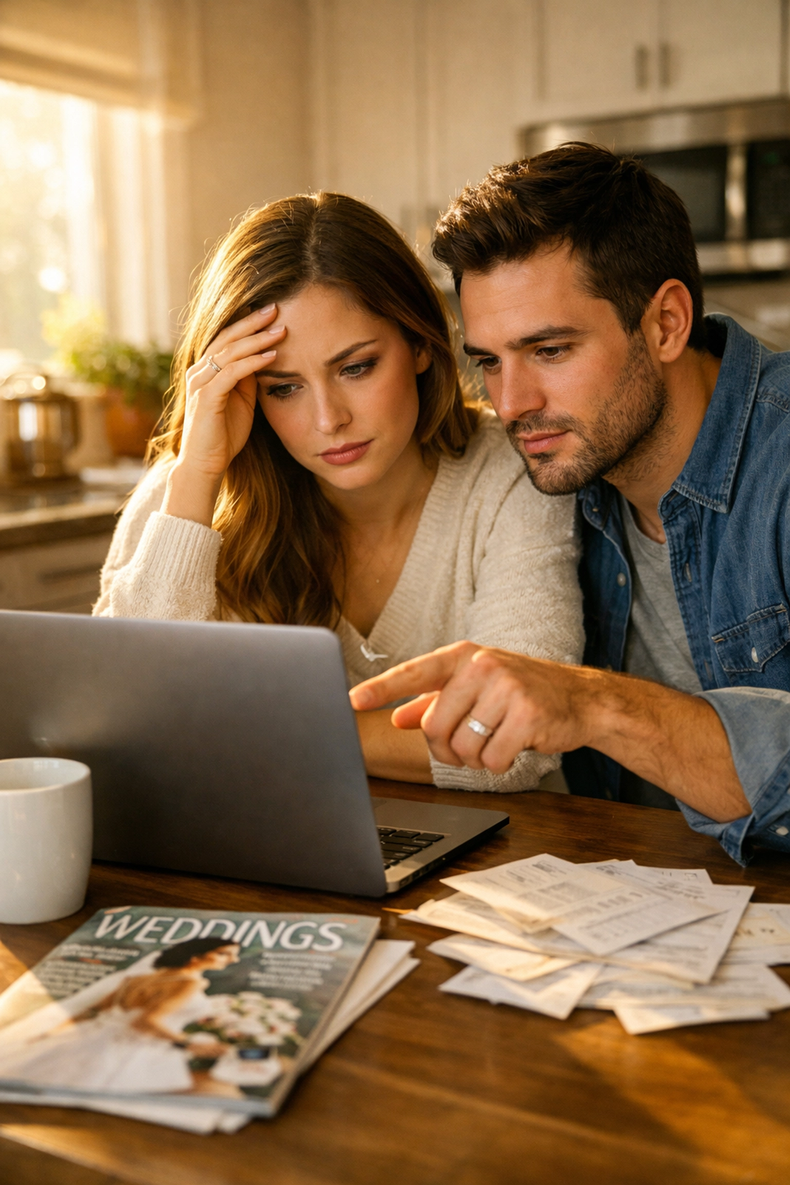Engaged couple reviewing wedding budget on laptop with bills and planning materials