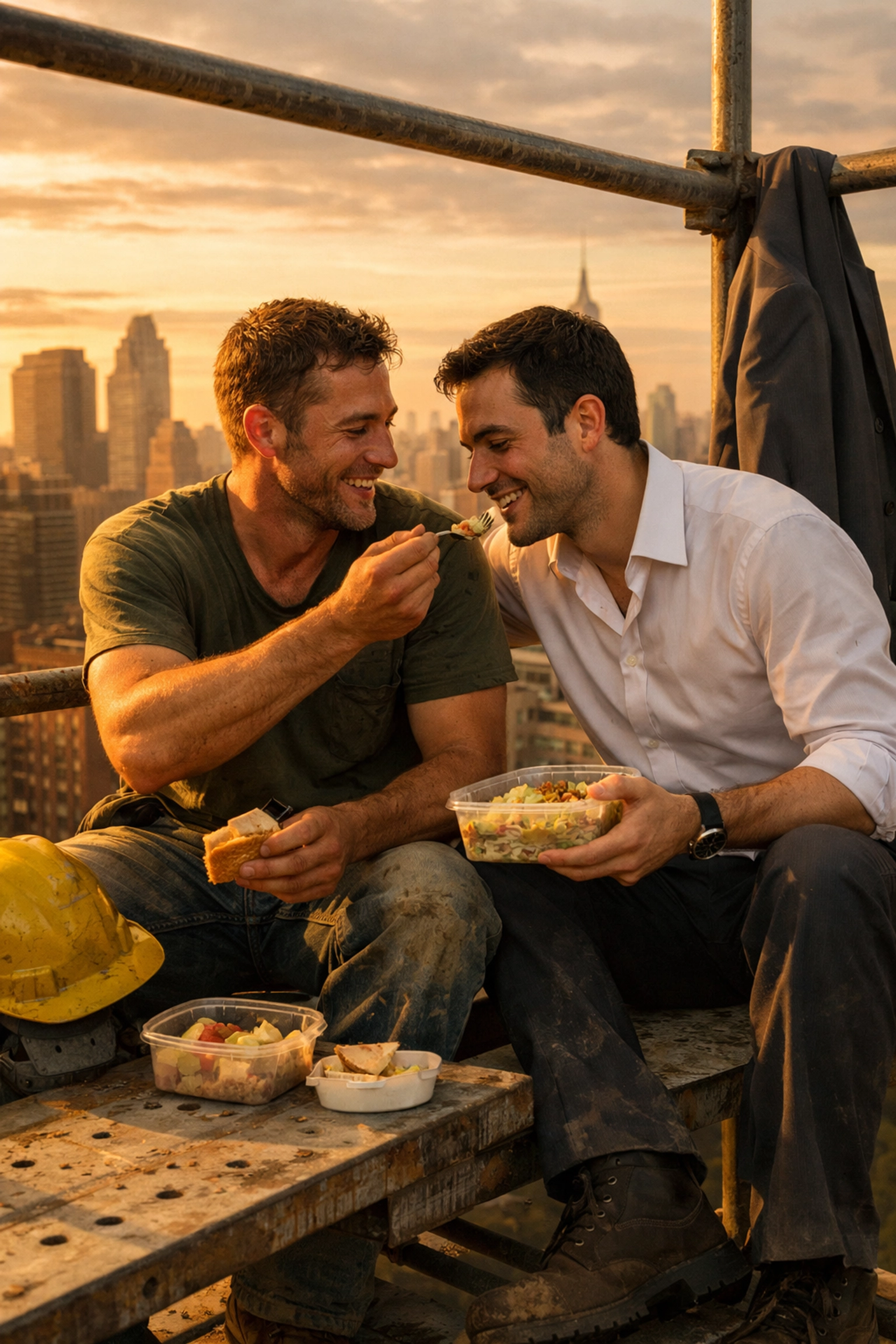 Two men share intimate lunch moment on construction scaffolding in emotional MM love story