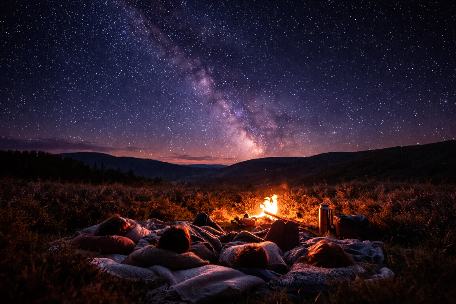 Team lying on blankets, stargazing under a clear night sky: authentic sustainable retreat experience.