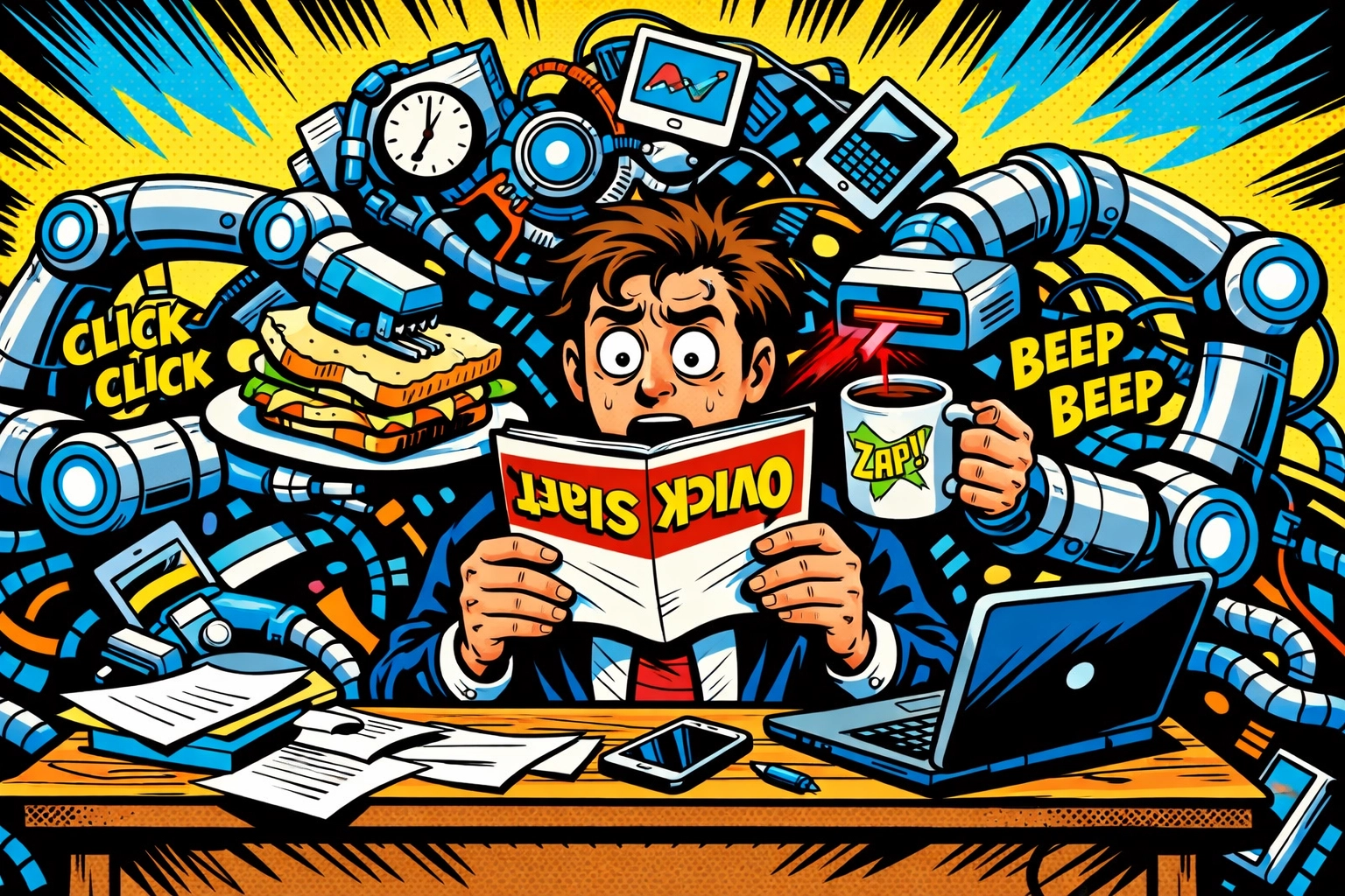 Stressed business owner overwhelmed by complex AI tools and broken business automation workflows.