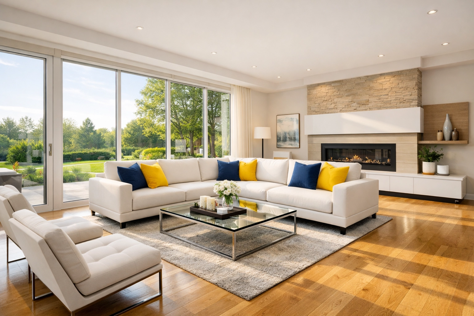Professionally cleaned living room in Shrewsbury featuring polished floors and organized furniture for a stress-free home.