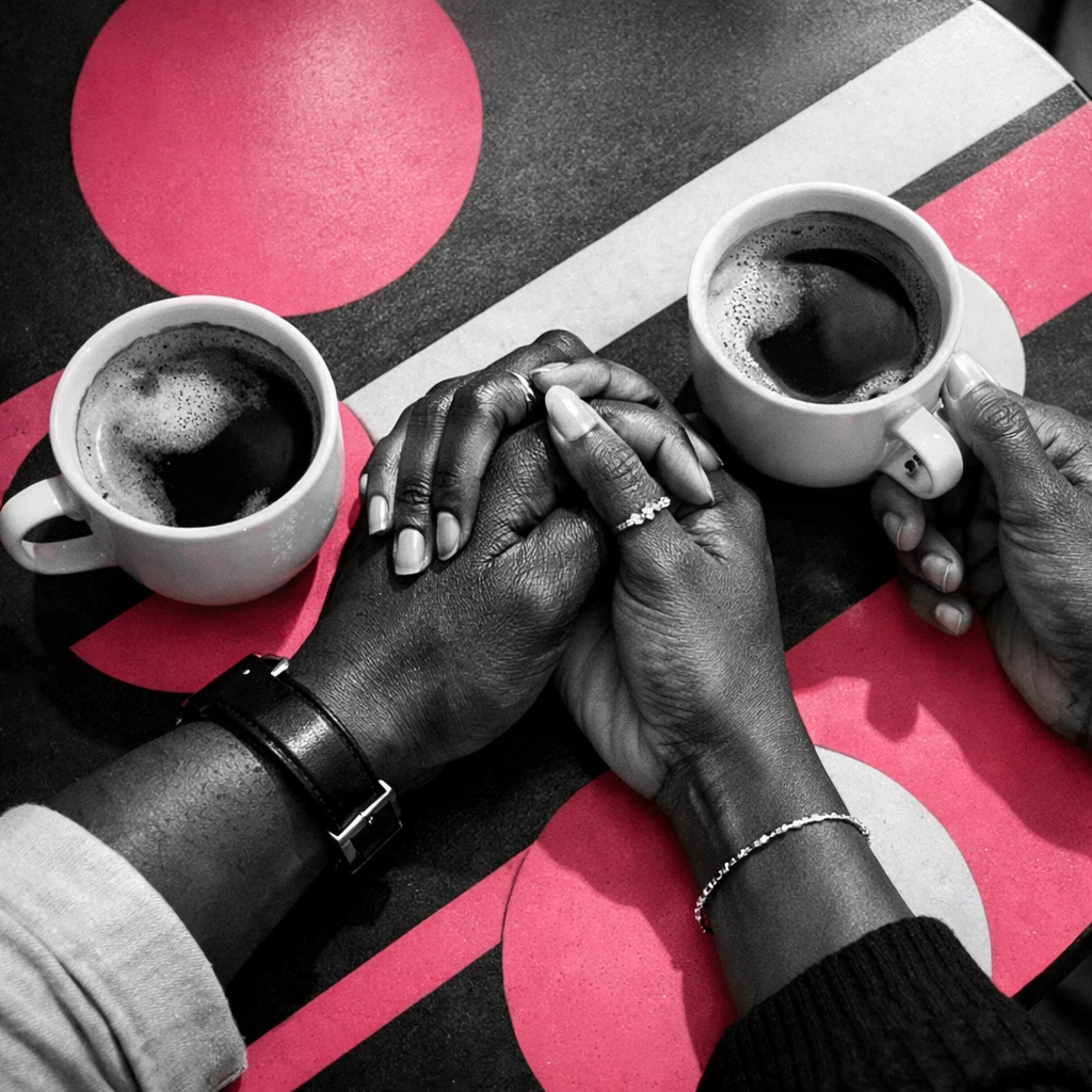 Couple holding hands over coffee cups during intimate café date