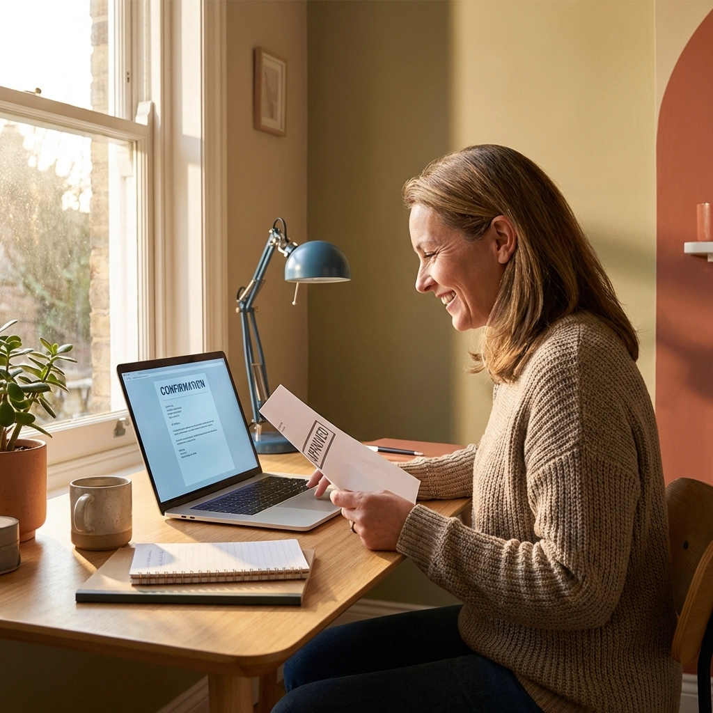 Woman reviewing life insurance application confirmation at home desk, highlighting next steps after applying