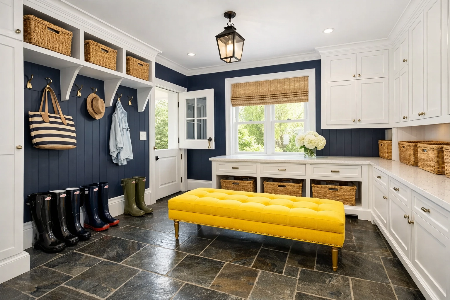A perfectly organized Hingham mudroom with polished floors, maintained by professional ninja efficiency.