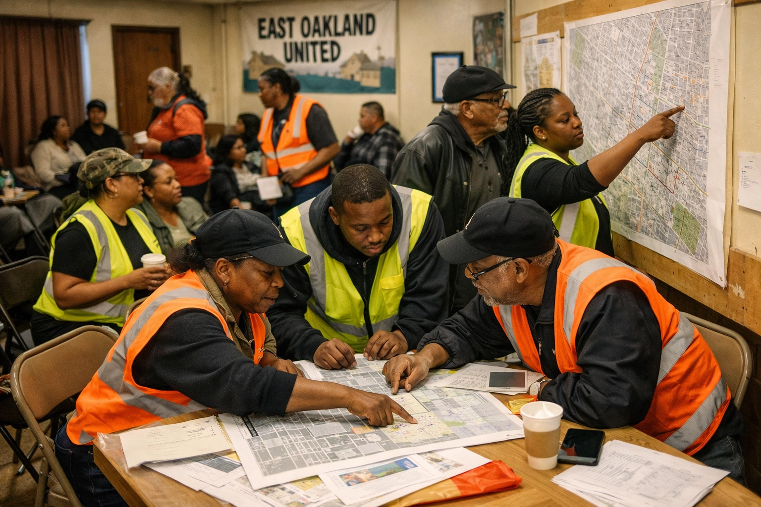 Community members and safety ambassadors planning East Oakland neighborhood revitalization