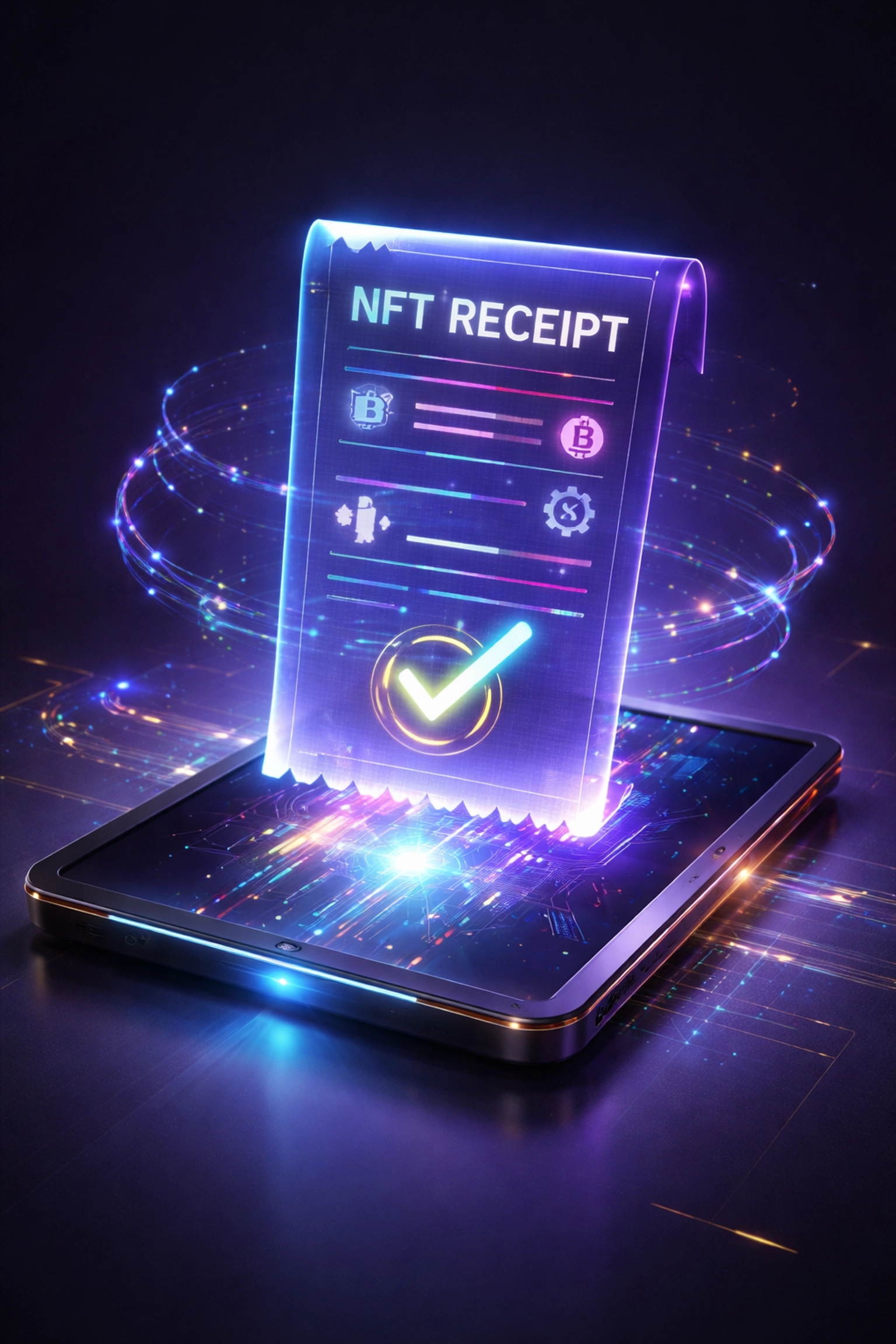 Illustration of an NFT crypto receipt above a digital tablet, symbolizing secure blockchain transaction records and fee savings.