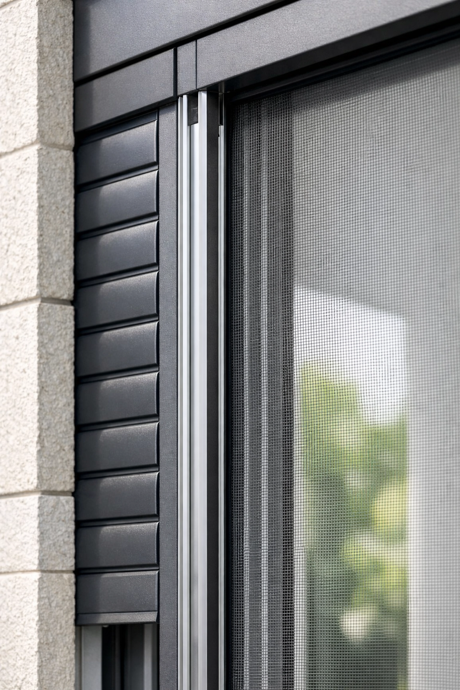 Außenansicht Fenster mit Rollladen und integriertem Insektenschutzgitter als 2-in-1 Lösung in Wien.