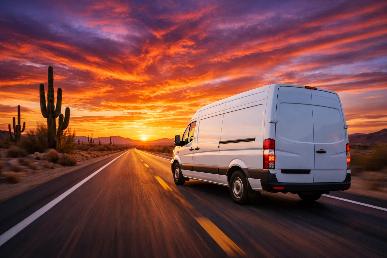 White commercial van driving on highway providing service coverage across Arizona business territory