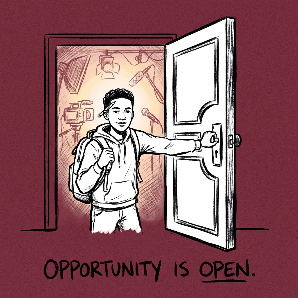 Sketch of a hopeful young creative opening a studio door, symbolizing IncluHub's transparent pricing and inclusive opportunities for all creators.