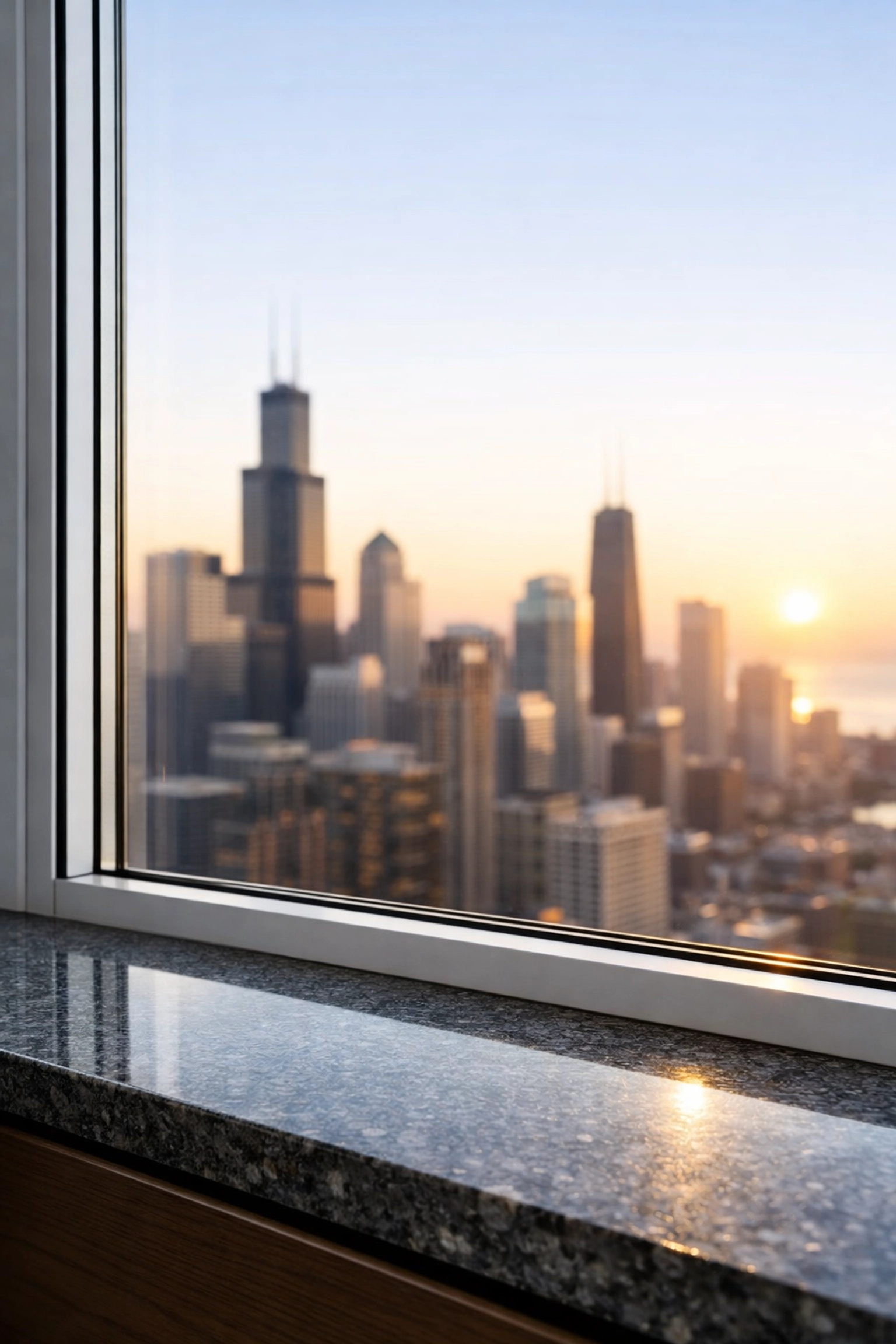 Clean office window in a Chicago high-rise showcasing a professional deep cleaning service result.