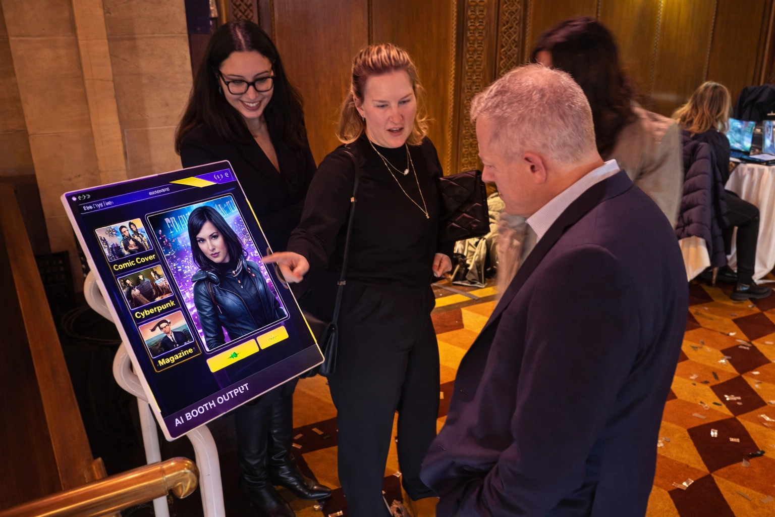 Generative AI photo booth station showing digital interface and AI output