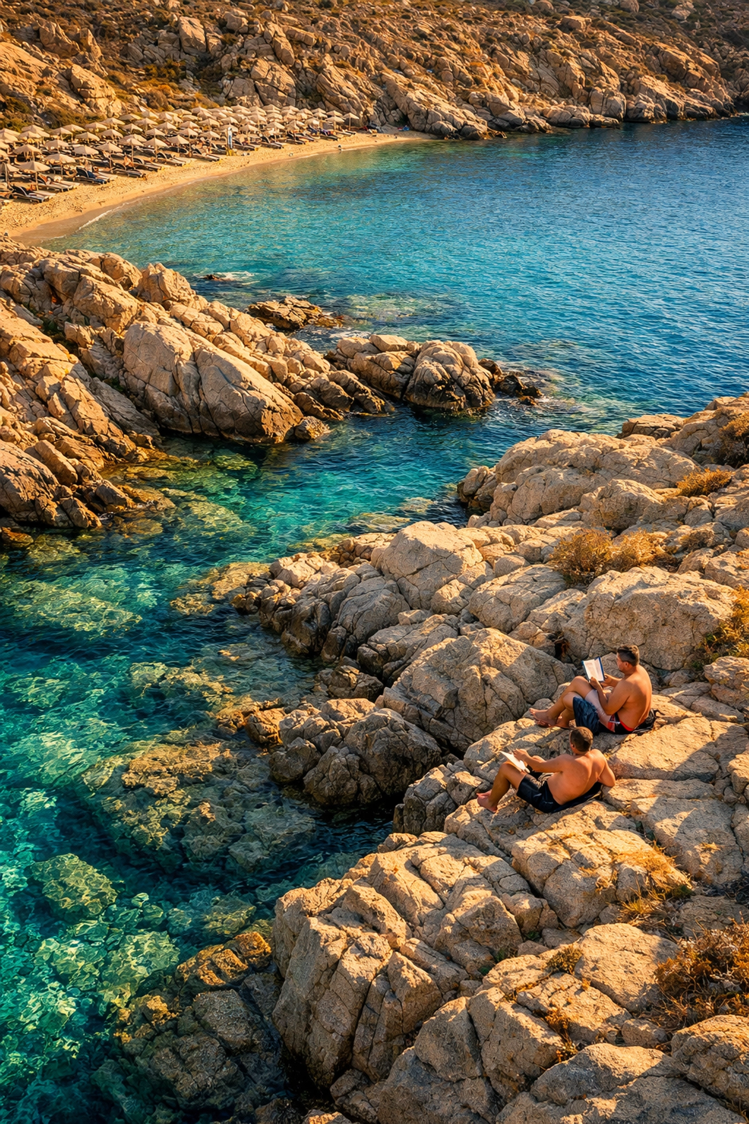 Rocky coastline at Super Paradise Beach Mykonos with men relaxing in secluded coves
