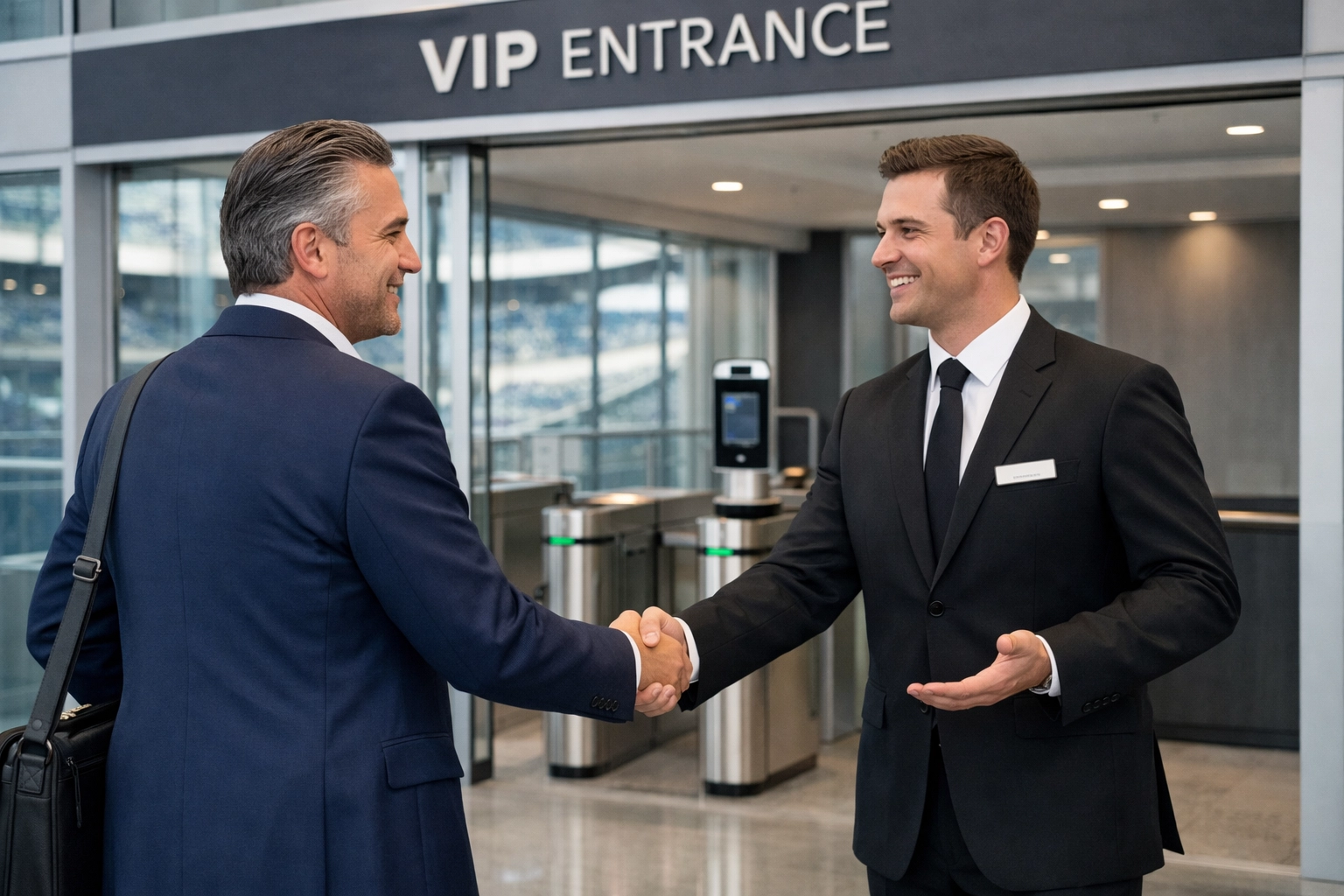 Professional host greeting an executive at a secure VIP entrance for Super Bowl corporate hosting.