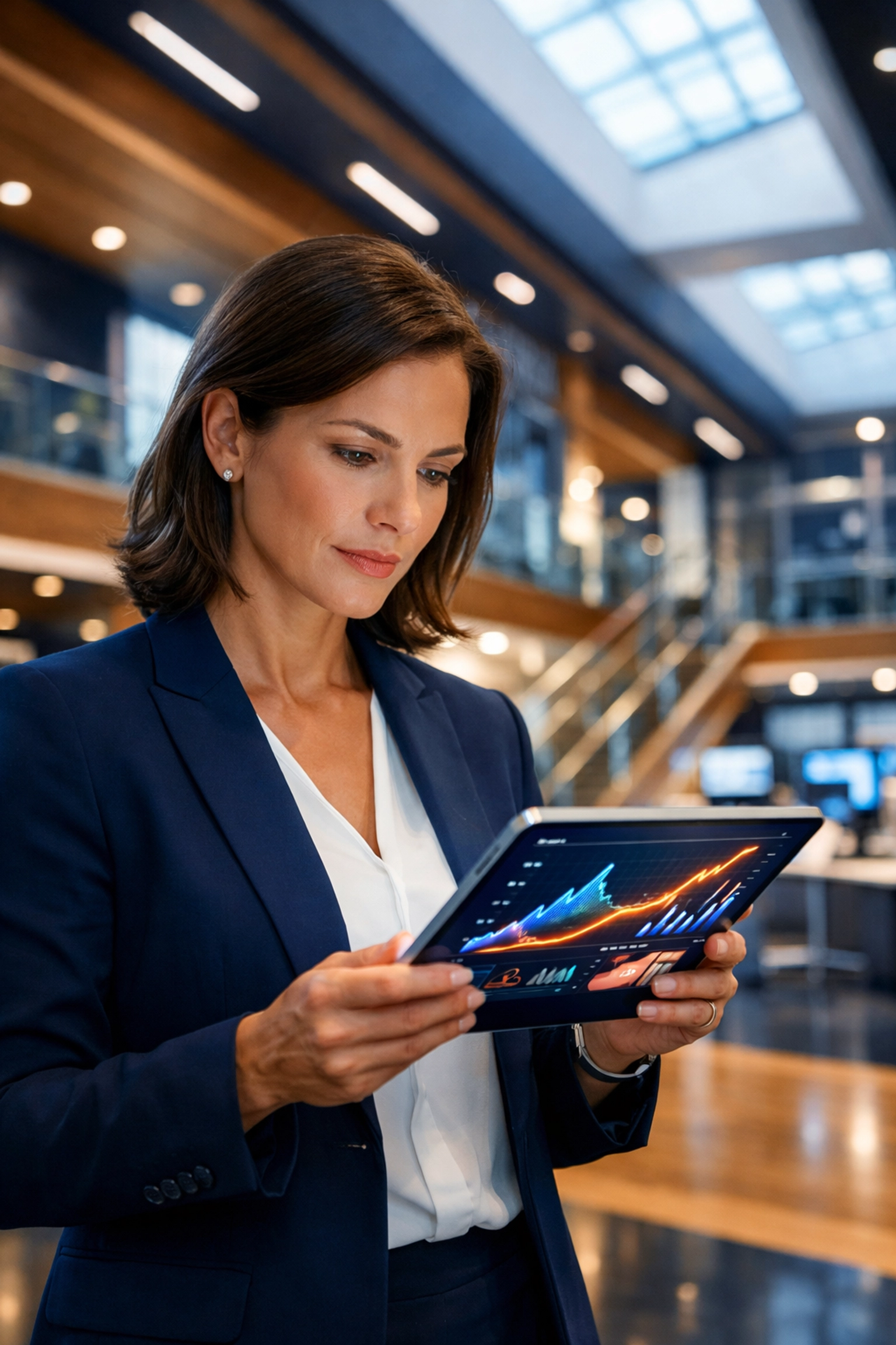 Executive using a tablet to review predictive workforce analytics for proactive management and strategic scaling.