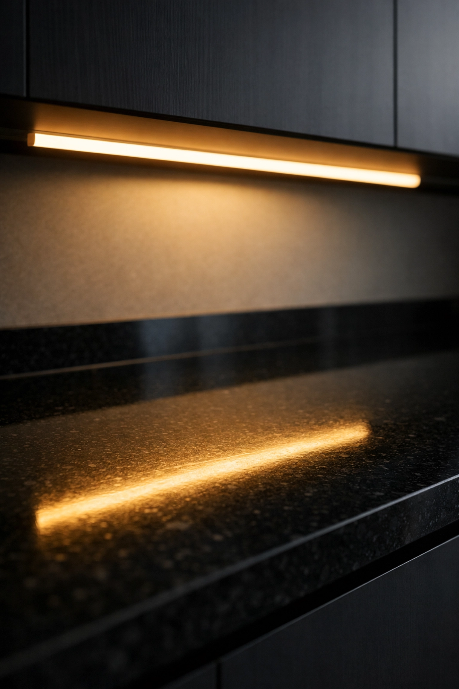 Warm under cabinet LED profile casting a smooth, diffused glow on a polished granite surface.