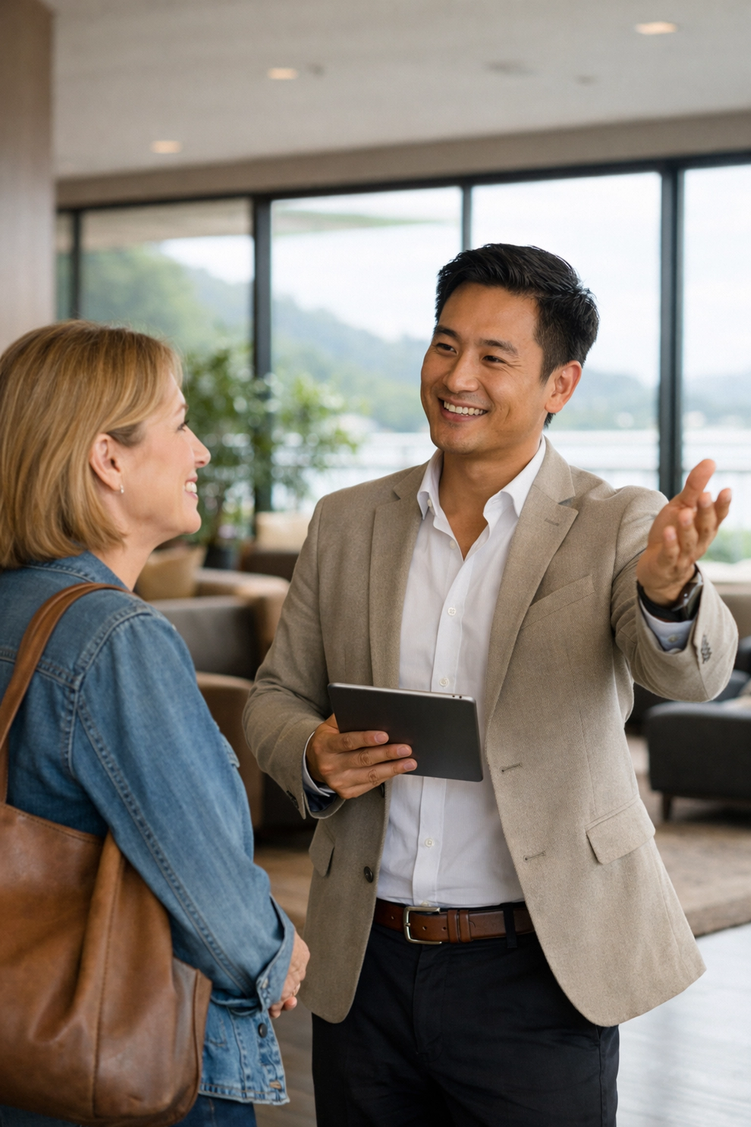 A hotel host using a mobile tablet to engage with a guest, showing the balance of technology and human touch.