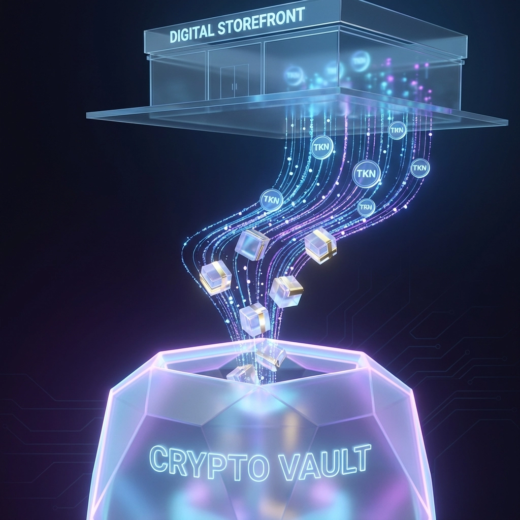 Digital payment streams representing Larecoin crypto receivables flowing into a secure vault for Web3 businesses