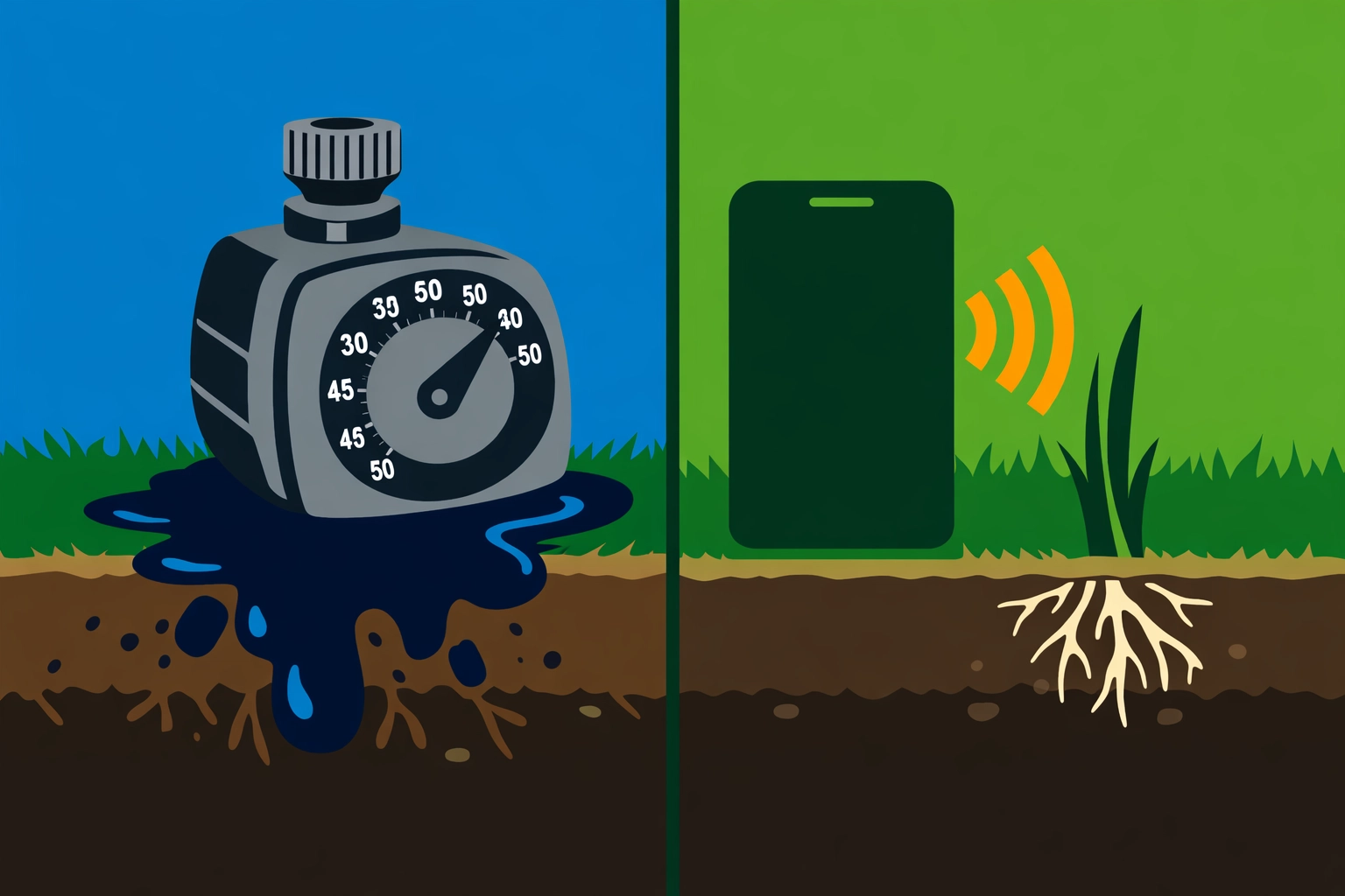 Visual comparison of a leaky manual irrigation timer and high-efficiency smartphone-controlled watering.