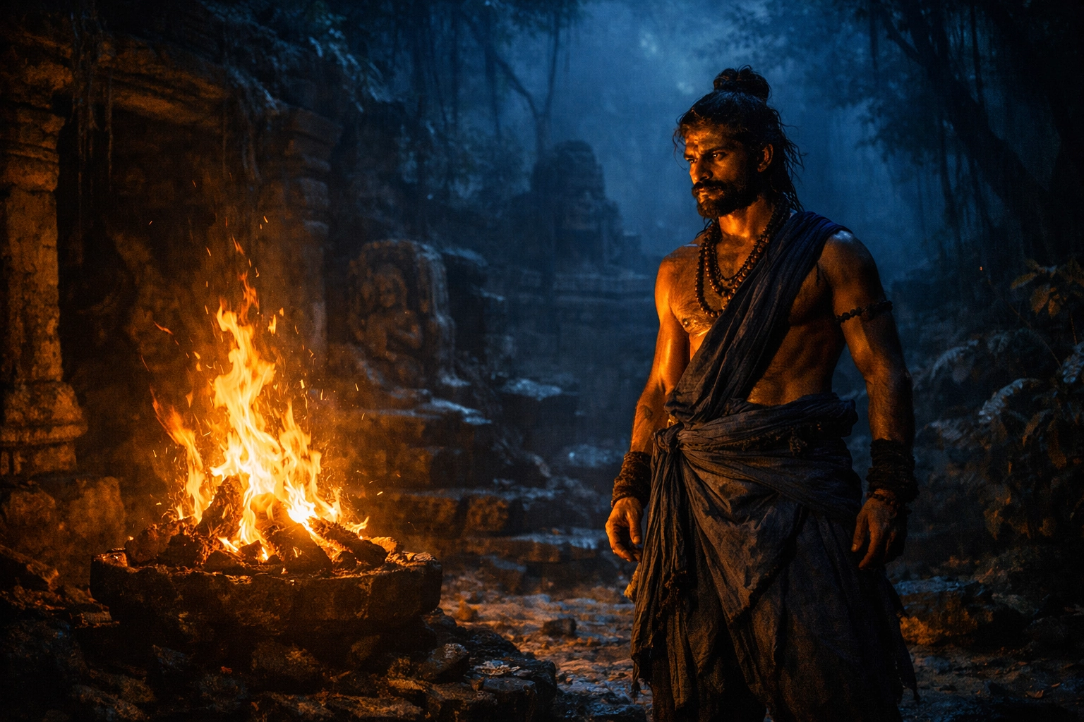 South Asian man standing by a sacred fire in an ancient jungle temple, embodying Tantric presence.