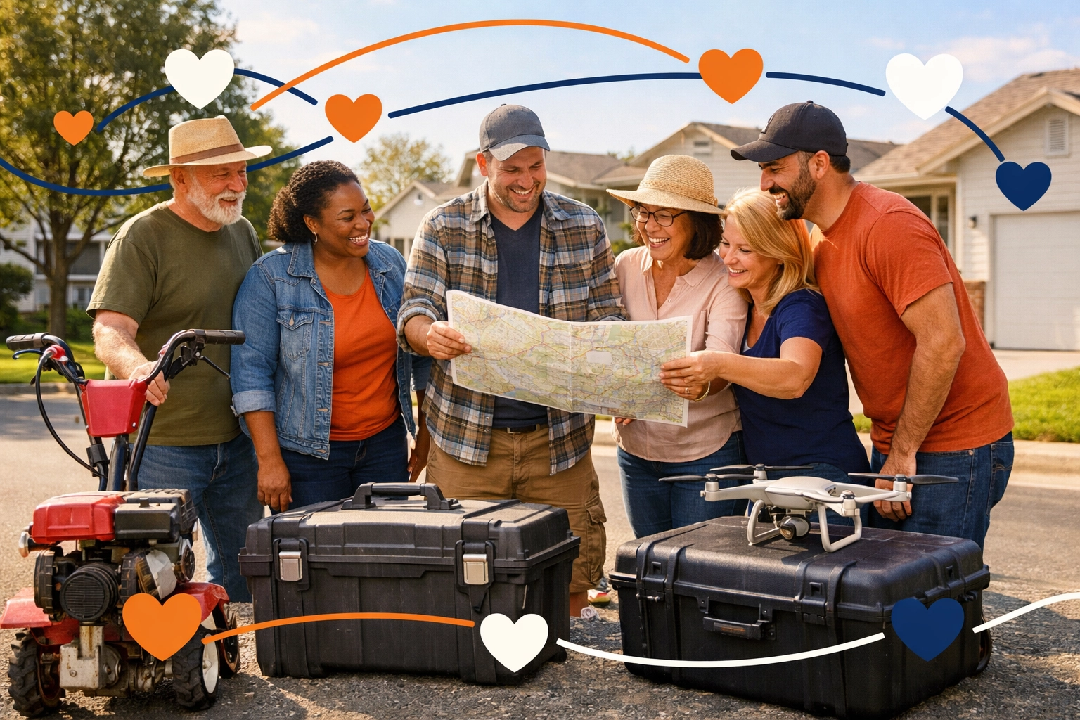 Neighbors sharing rented tools in a suburban cul-de-sac to build community.
