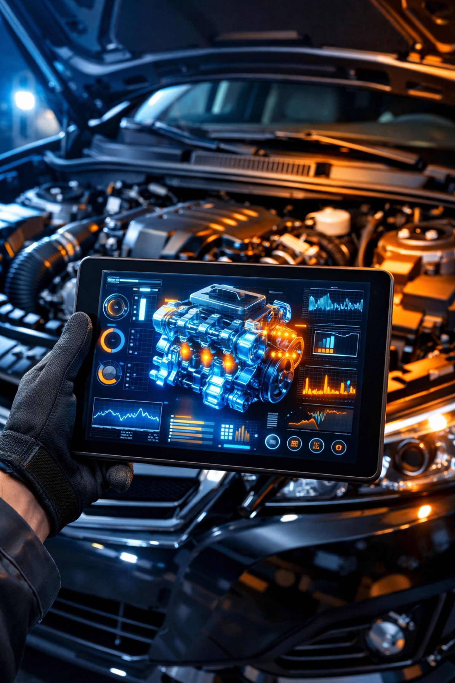 A technician using a digital tablet for engine diagnostics and fleet vehicle inspection in a modern garage.