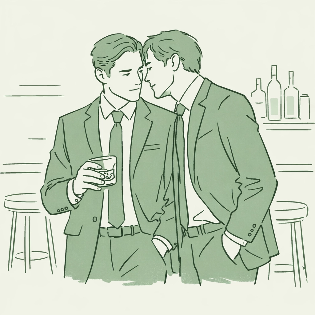 Two male campaign managers meet secretly in hotel bar - MM political romance scene