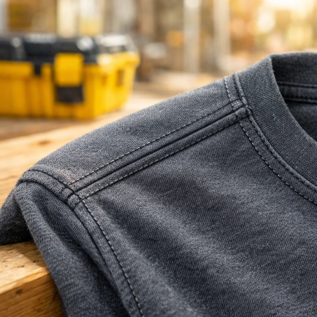Reinforced stitching on a durable bulk custom t shirt designed for construction site work.
