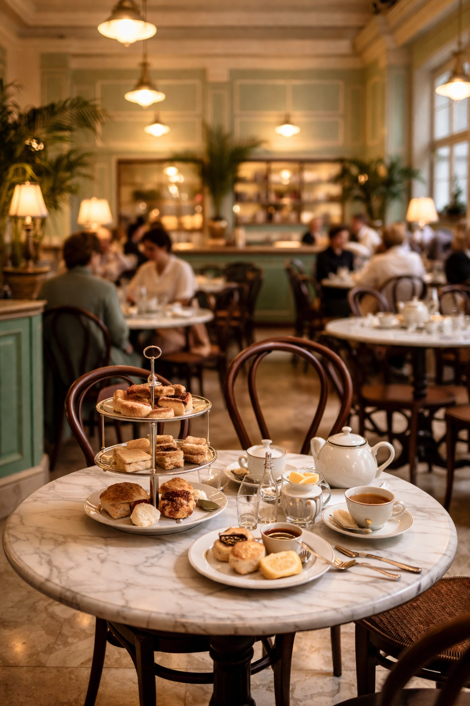 Early 20th-century British tea room with marble tables, pastries, and refined afternoon tea ambiance
