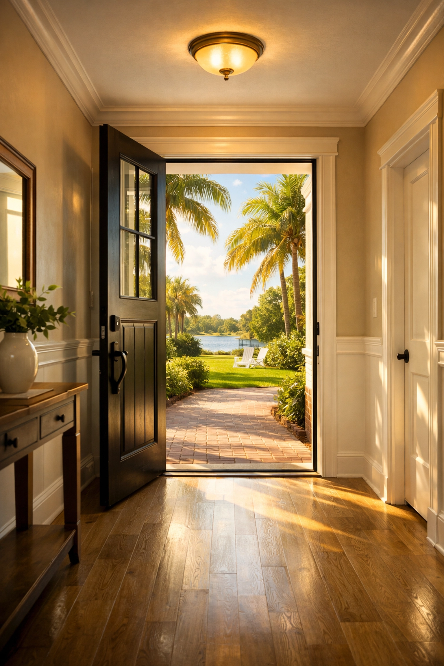 Modern home entryway after a final clean post-construction service in the Tampa Bay area.