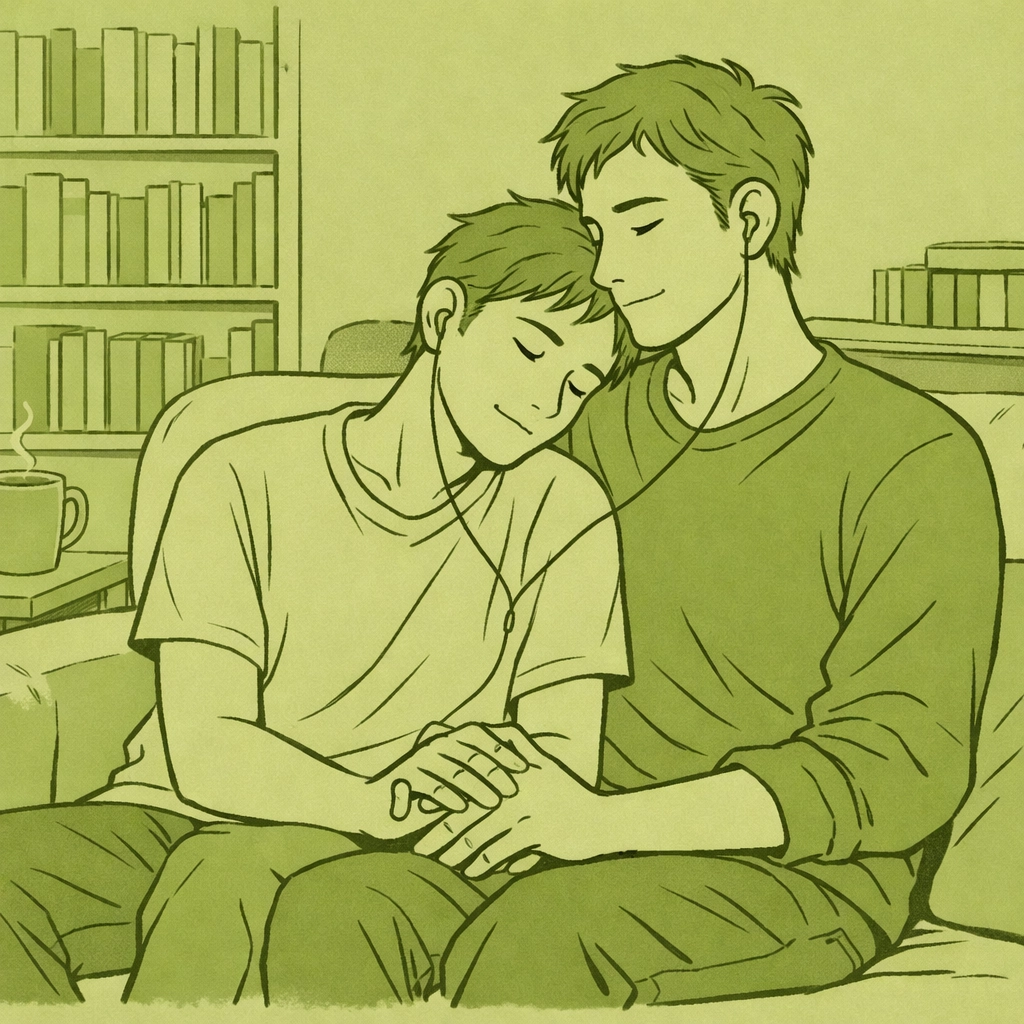 A quiet moment of acceptance between two men in a library, reflecting themes of authentic MM romance stories.