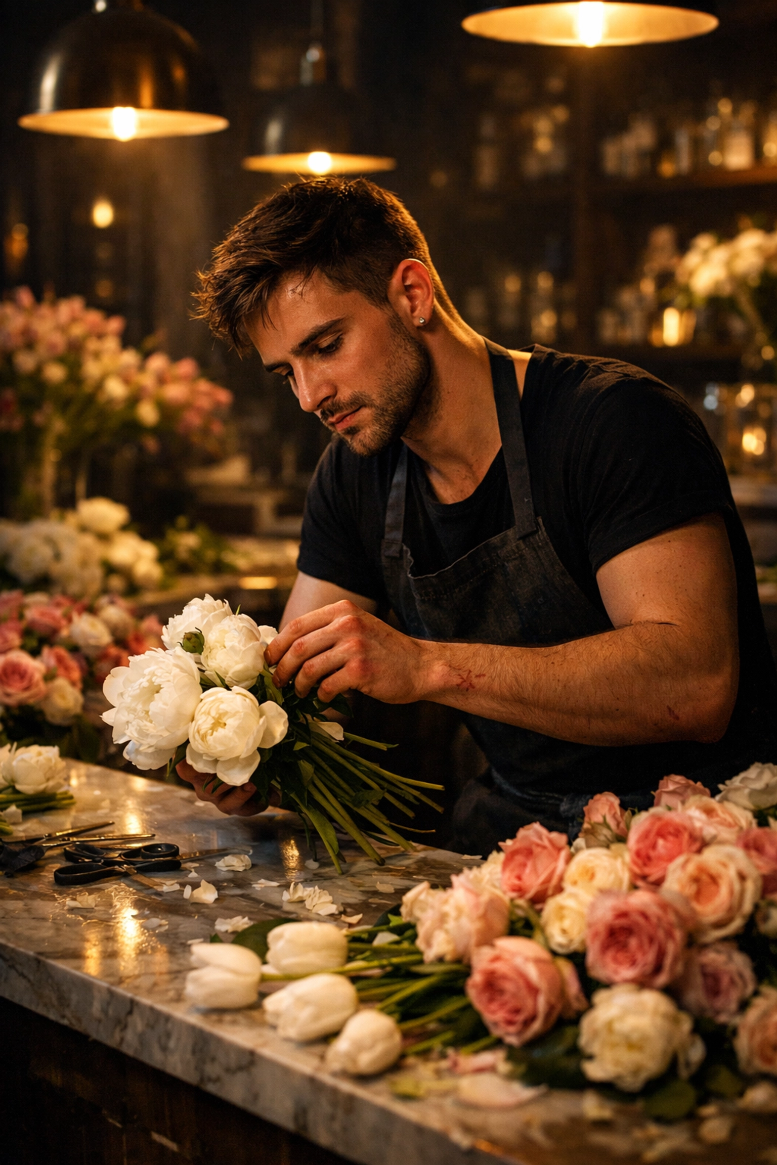 Gay florist arranging luxury roses and peonies late at night in upscale studio