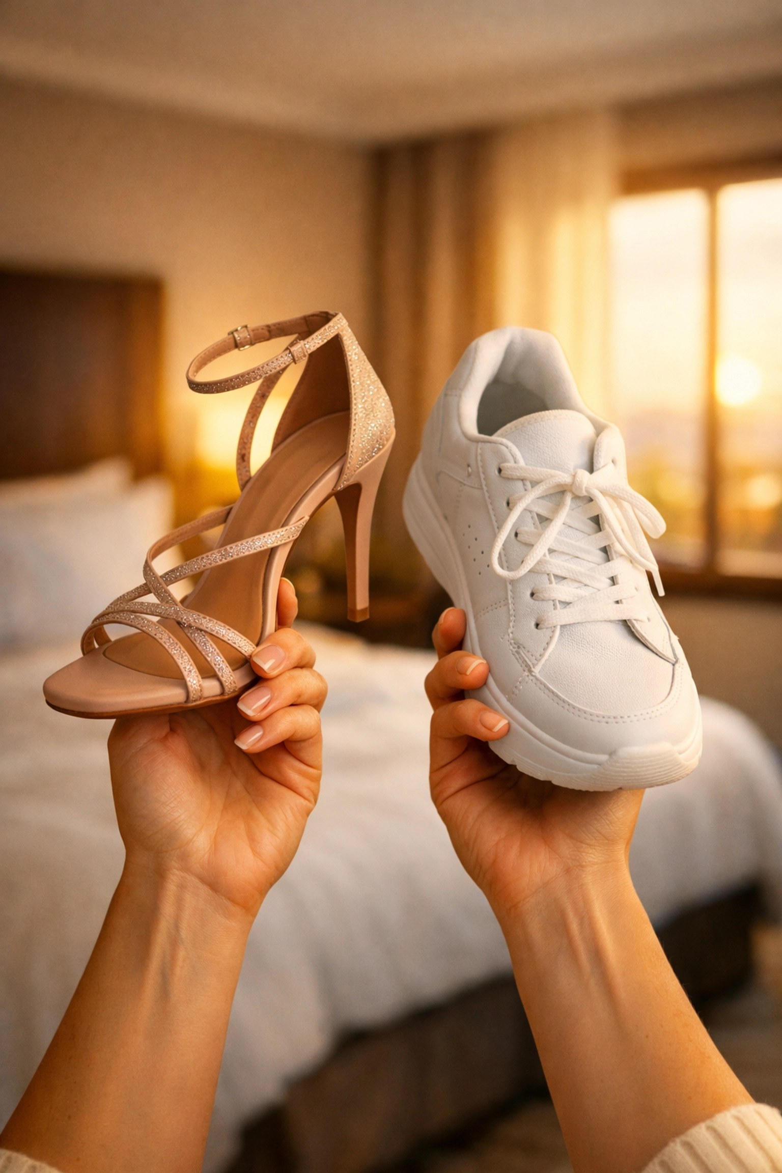 Traveler choosing between dress shoes and sneakers for carry-on packing