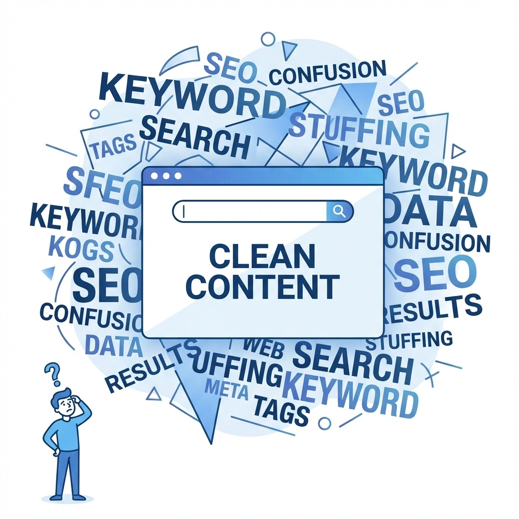 Illustration of keyword stuffing confusion, showing disorganized keywords and a puzzled user for SEO best practices