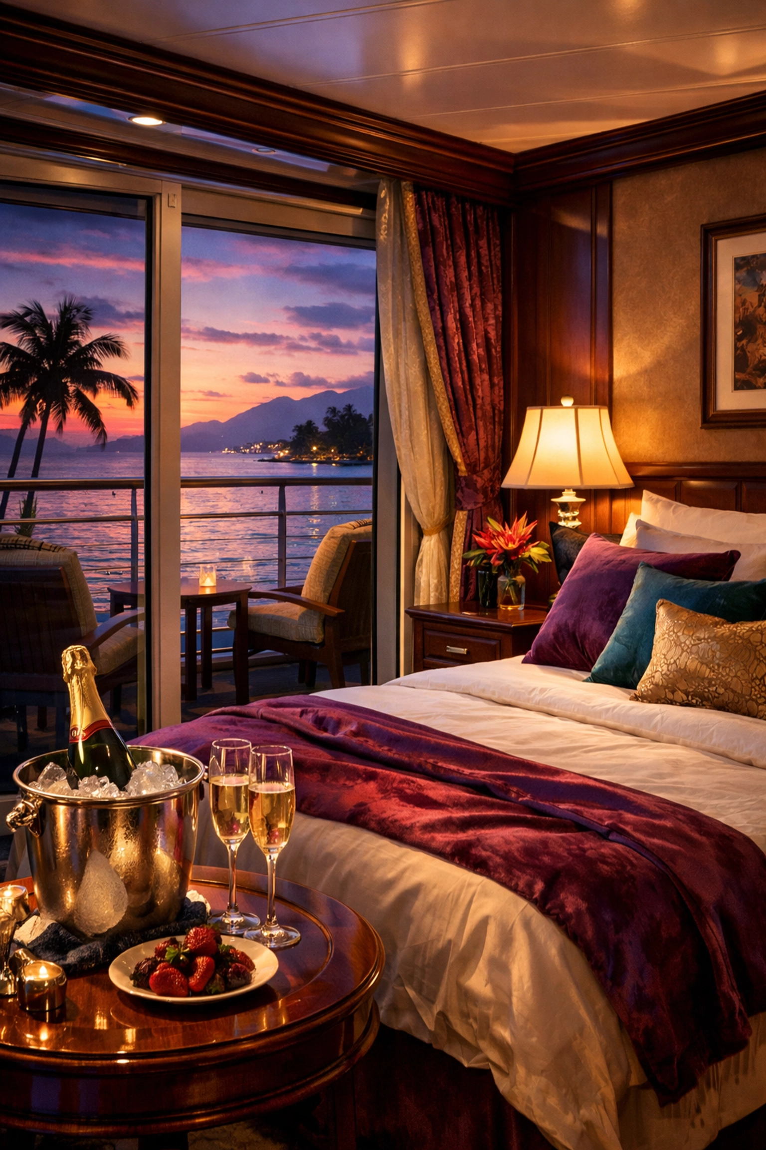 Luxury cruise ship cabin with ocean balcony for couples lifestyle vacation