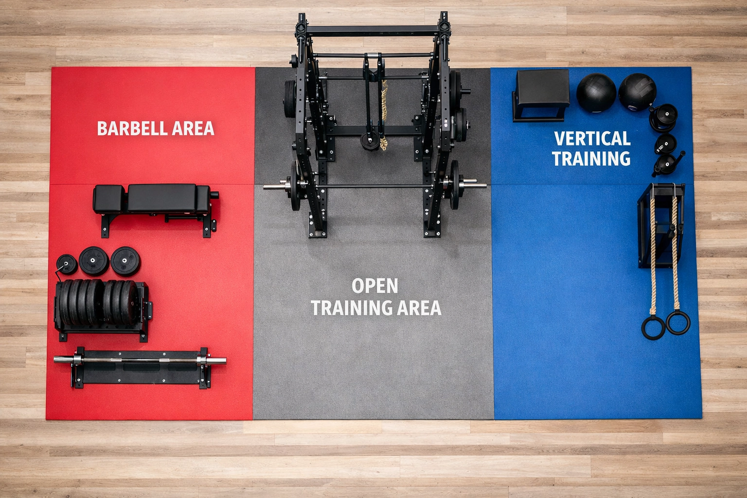 Overhead view of organized home training station with floor to ceiling system and equipment zones