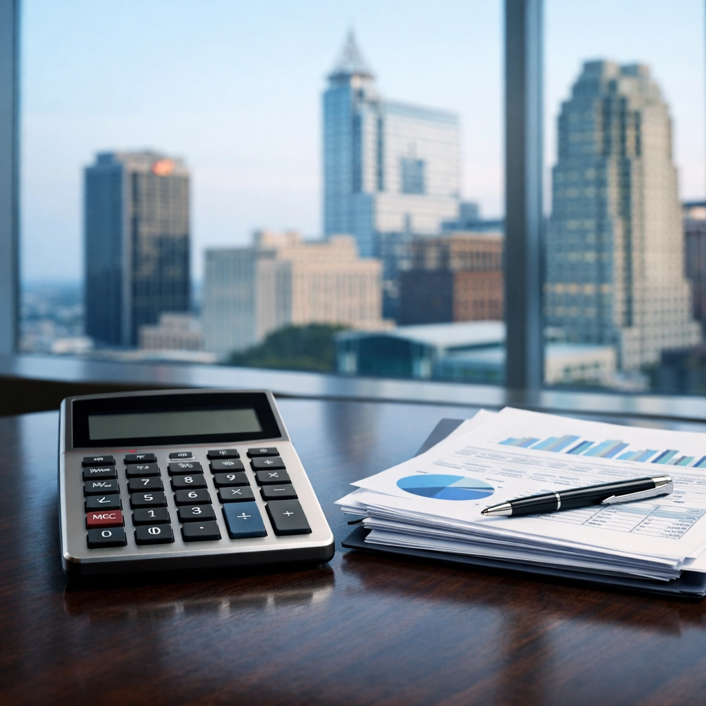 Financial reports and a calculator on a Raleigh office desk representing business valuation services.