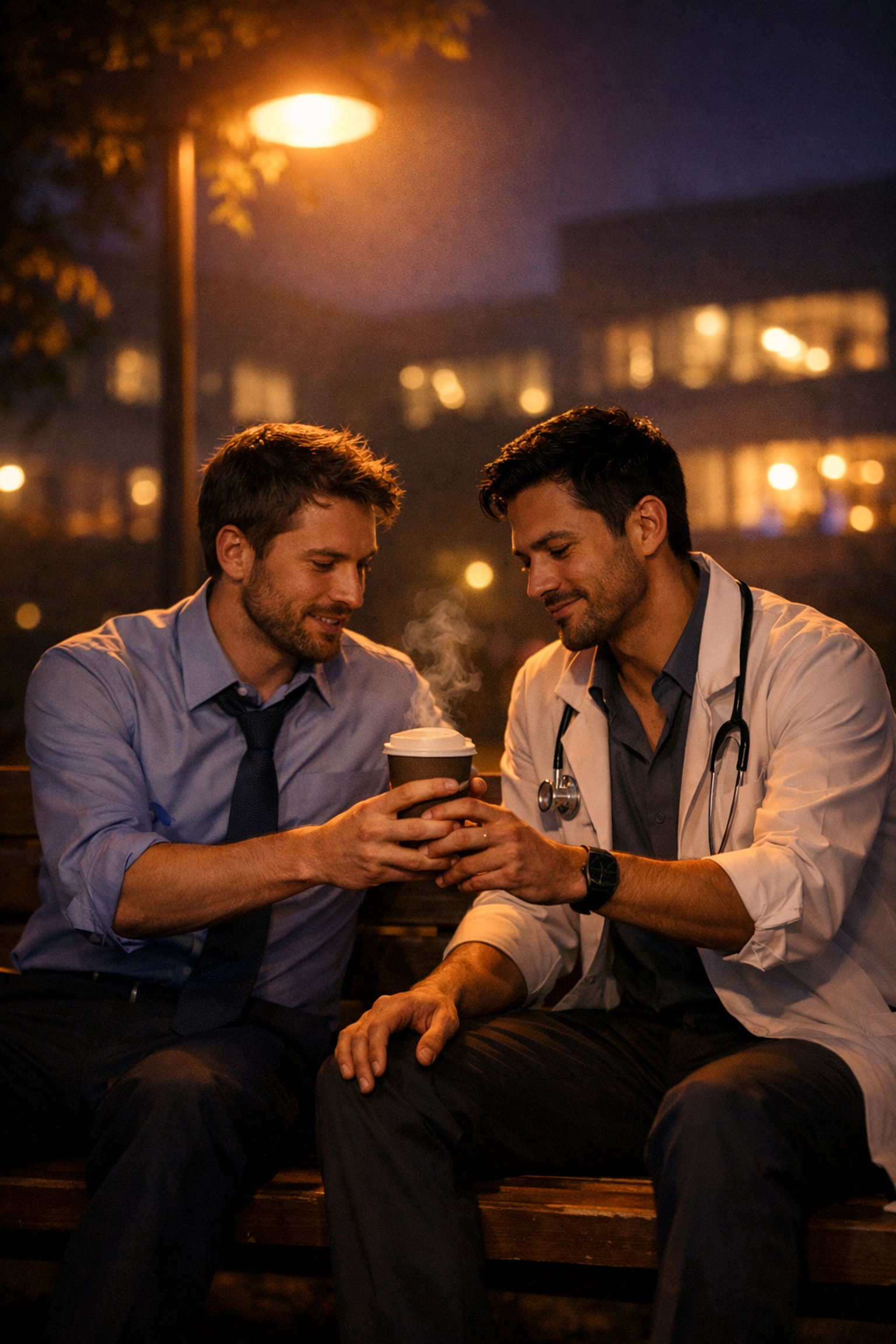 Two male healthcare workers sharing a coffee and quiet intimacy on a bench in an emotional MM romance.