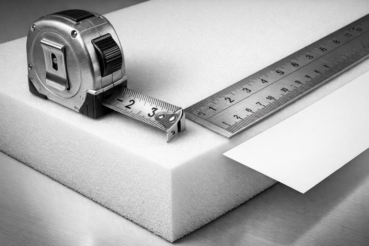 Measuring upholstery foam with a tape measure and paper template for a precise custom furniture cushion fit.