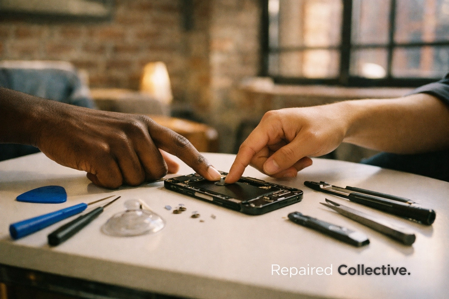 Mobile iPhone screen repair service in Brooklyn apartment with technician and customer